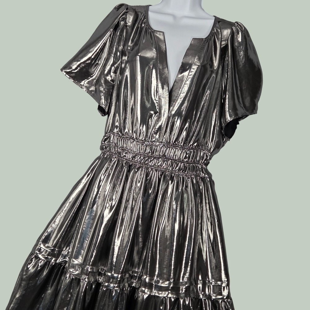Anthropologie Womens XL Somerset Tiered Maxi Dress Metallic Silver